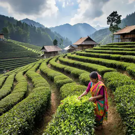 Eighty three garden workers picking fresh tea leaves starting five thirty AM collecting twenty five to thirty kilograms daily at AssamSip Dibrugarh earning three hundred twenty rupees
