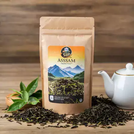 Whole leaf Orthodox grade black tea hand rolled using traditional method showing larger leaves compared to CTC from AssamSip gardens